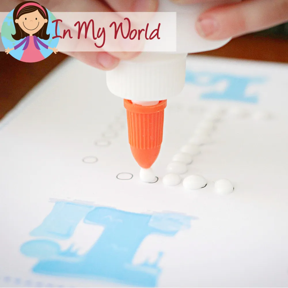 Preschool Letter I activities using glue dots for letter tracing to strengthen fine motor skills