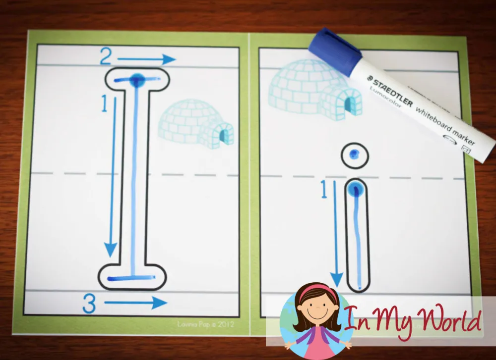 Preschool Letter I activities using play dough mats and dry erase marker for letter formation practice
