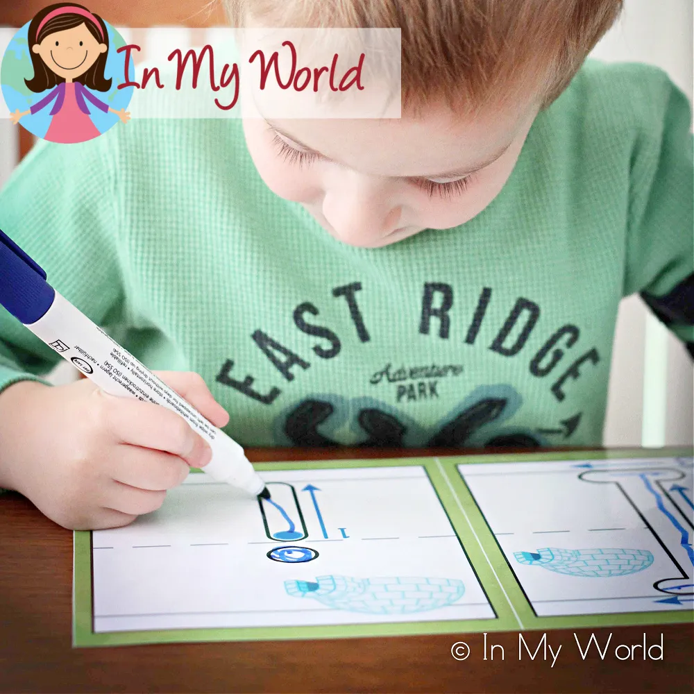 Preschool Letter I activities using play dough mats and dry erase marker for letter formation practice