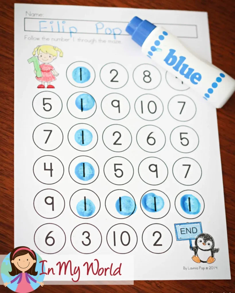 Preschool Letter I activities number maze with dot markers to identify and follow number 1