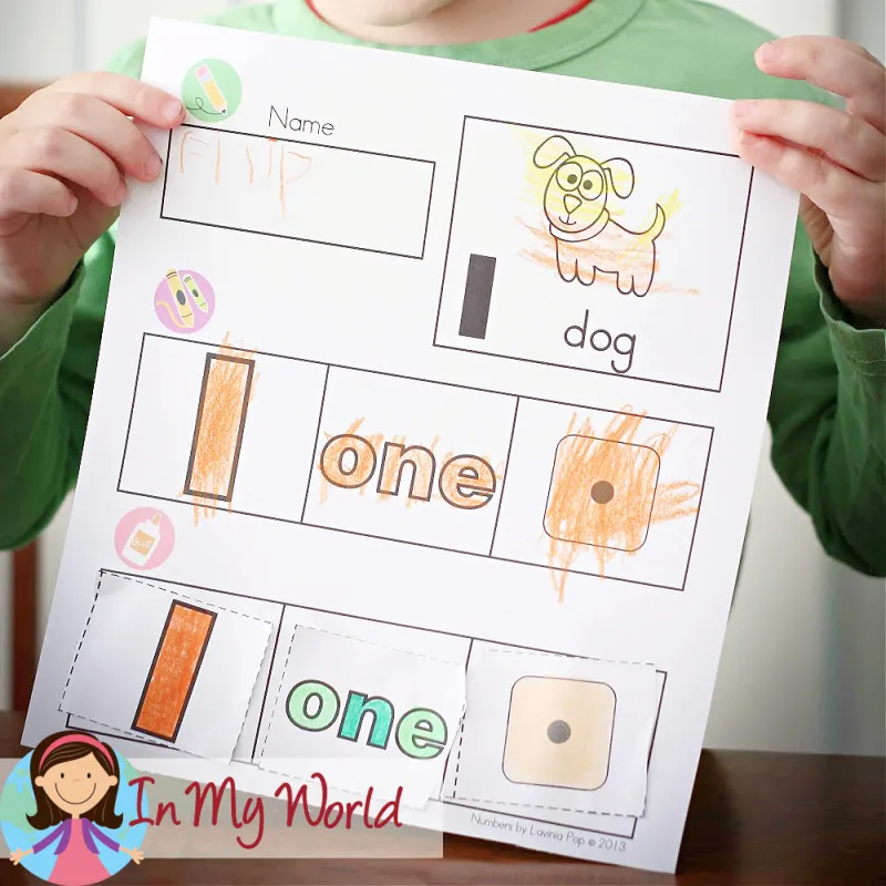 Preschool Letter I activities cut and paste worksheet for number 1 recognition and number sense practice