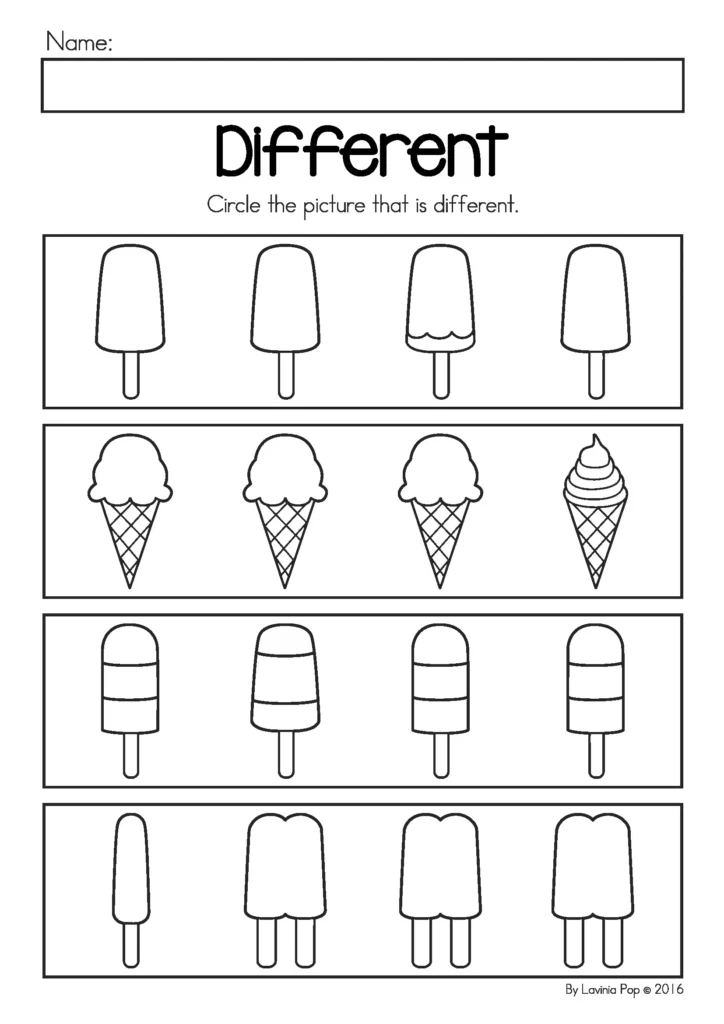 Summer Review Preschool Different worksheet with popsicles and ice cream rows for children to circle the picture that is different