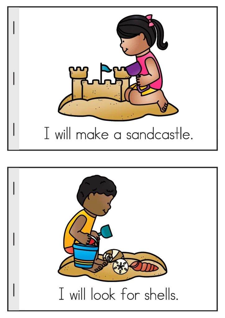 Summer Review Preschool emergent reader pages with beach sentences I will make a sandcastle and I will look for shells