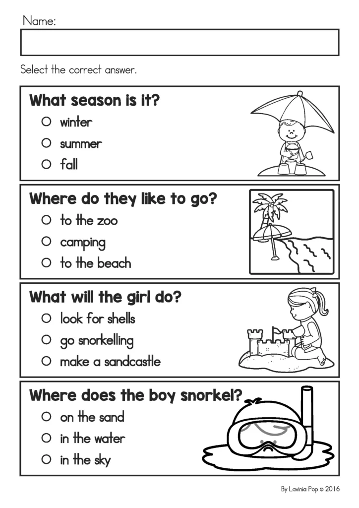 Summer Review Preschool reading comprehension worksheet with summer multiple choice questions about beach activities and seasons