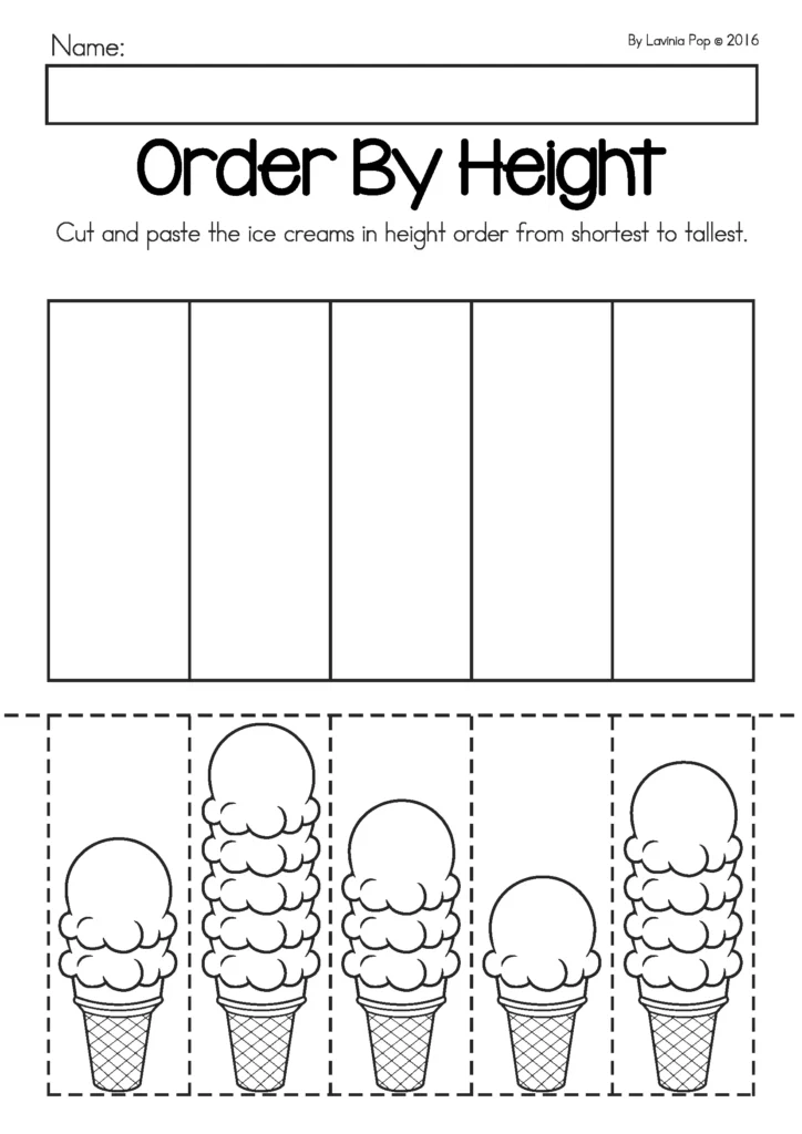 Summer Review Preschool Order by Height worksheet with cut and paste ice cream cones from shortest to tallest