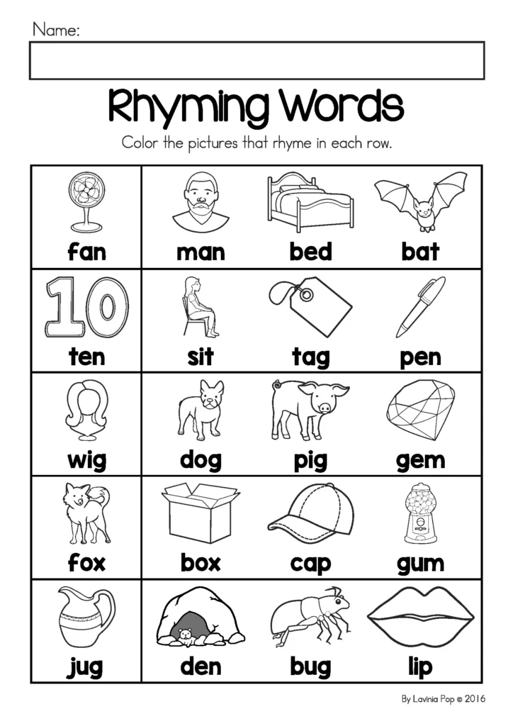 Summer Review Preschool Rhyming Words worksheet with picture matching words fan man, ten pen, wig pig, fox box, jug bug