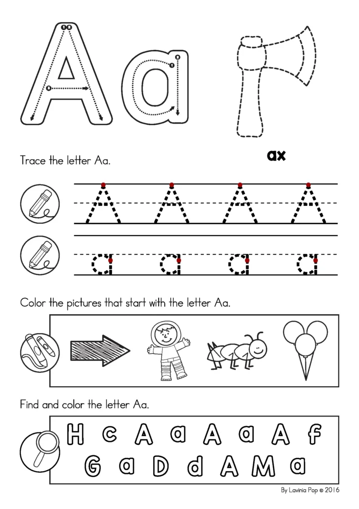 Summer Review Preschool Alphabet Tracing Letter A worksheet with ax picture, letter tracing, beginning sound pictures, and letter find activity