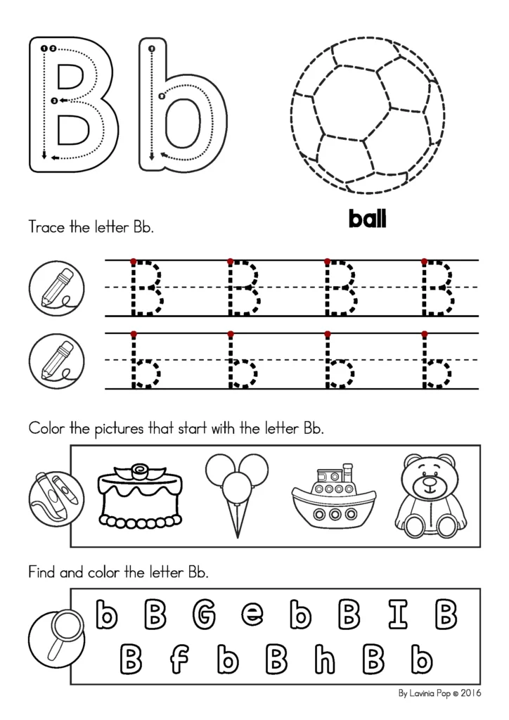 Summer Review Preschool Alphabet Tracing Letter B worksheet with ball picture, letter tracing, beginning sound pictures, and letter find activity