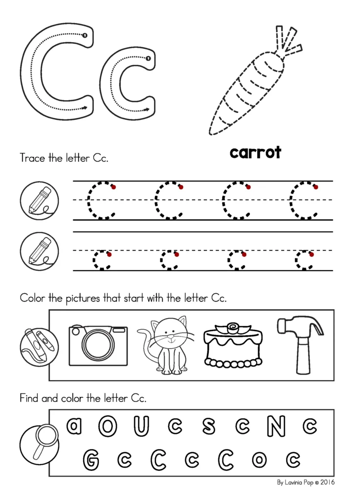 Summer Review Preschool Alphabet Tracing Letter C worksheet with carrot picture, letter tracing, beginning sound pictures, and letter find activity