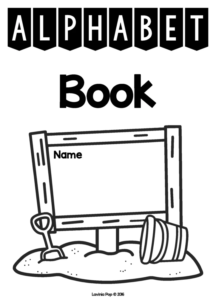 Summer Review Preschool alphabet book cover with beach sign, shovel, bucket, and summer sand theme for preschool alphabet booklet