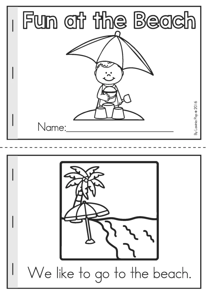 Summer Review Preschool emergent reader Fun at the Beach blackline pages with beach picture and sentence We like to go to the beach