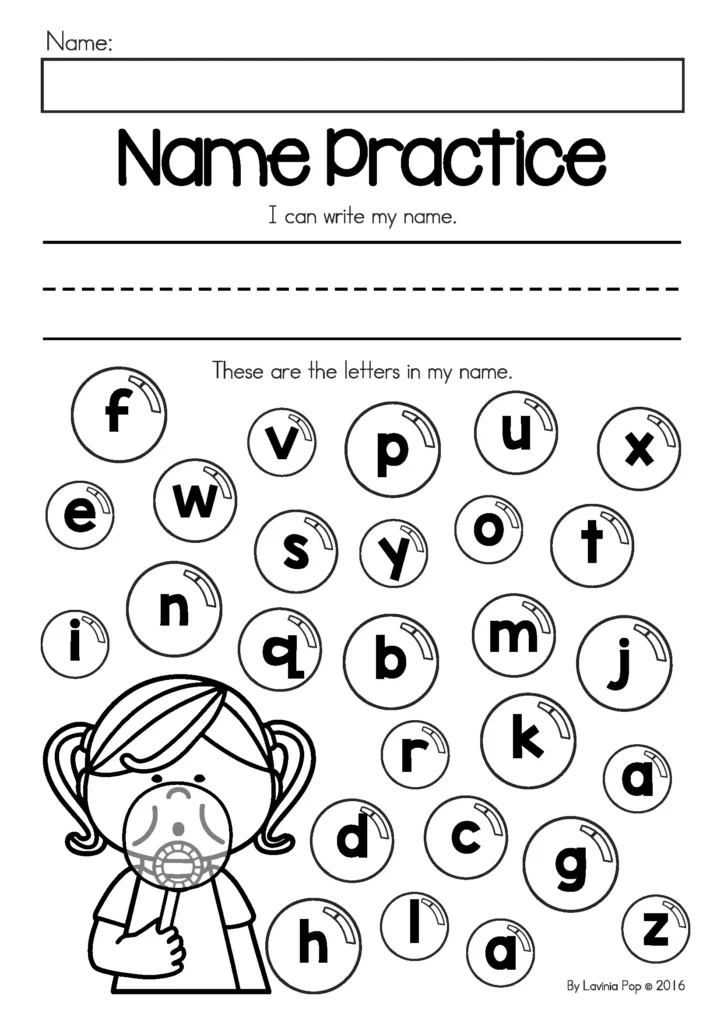 Summer Review Preschool Name Practice worksheet with girl holding bubble wand and bubble letters for children to find letters in their name