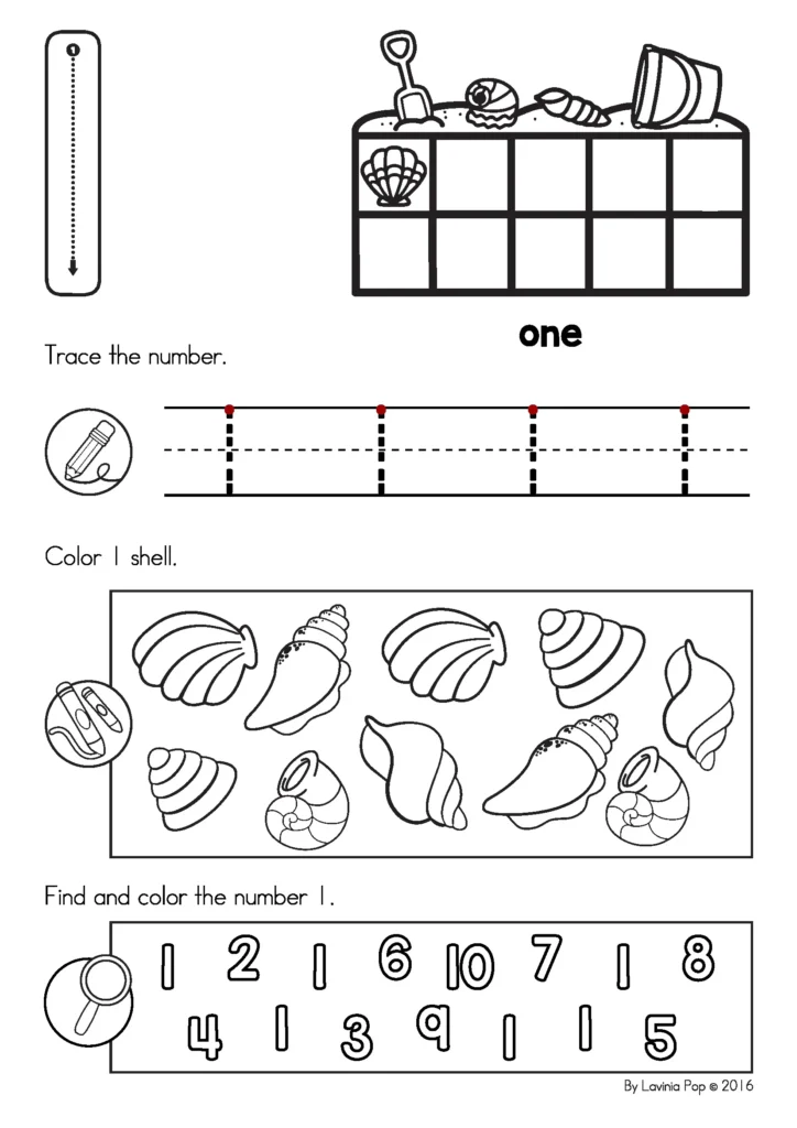 Summer Review Preschool number tracing 1 worksheet with seashell counting, trace the number one, color 1 shell, and find the number 1 activity