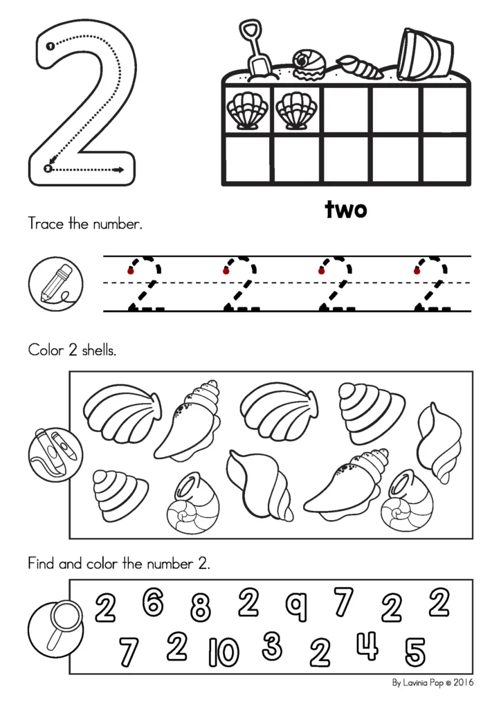 Summer Review Preschool number tracing 2 worksheet with seashell counting, trace the number two, color 2 shells, and find the number 2 activity