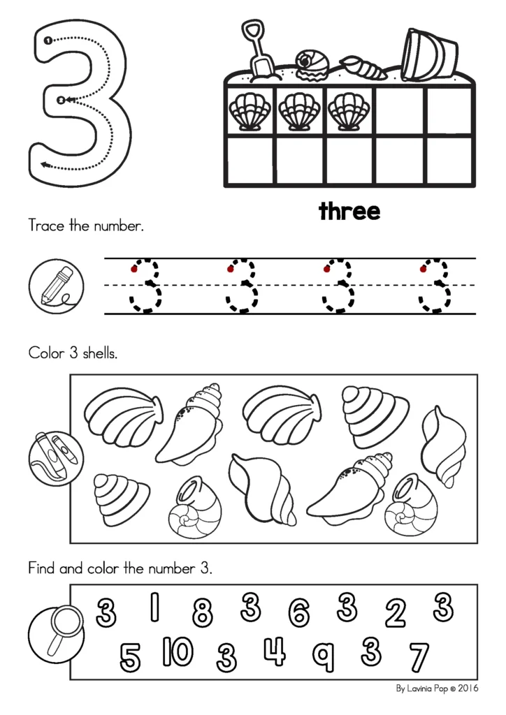 Summer Review Preschool number tracing 3 worksheet with seashell counting, trace the number three, color 3 shells, and find the number 3 activity