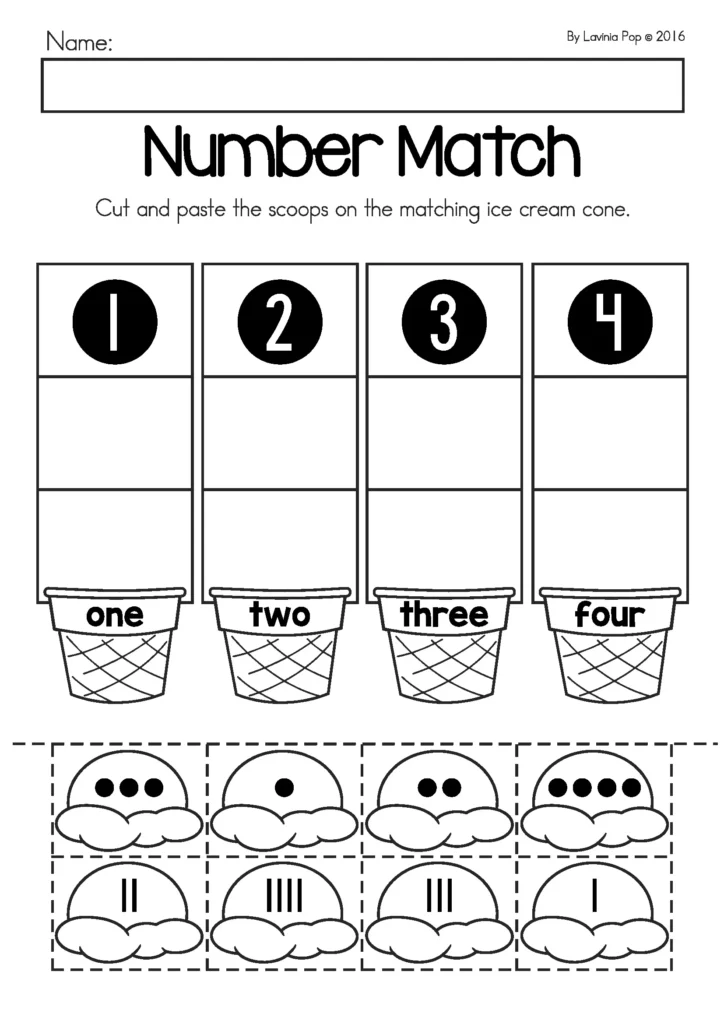 Summer Review Preschool Number Match worksheet with cut and paste ice cream scoops to match numbers one to four