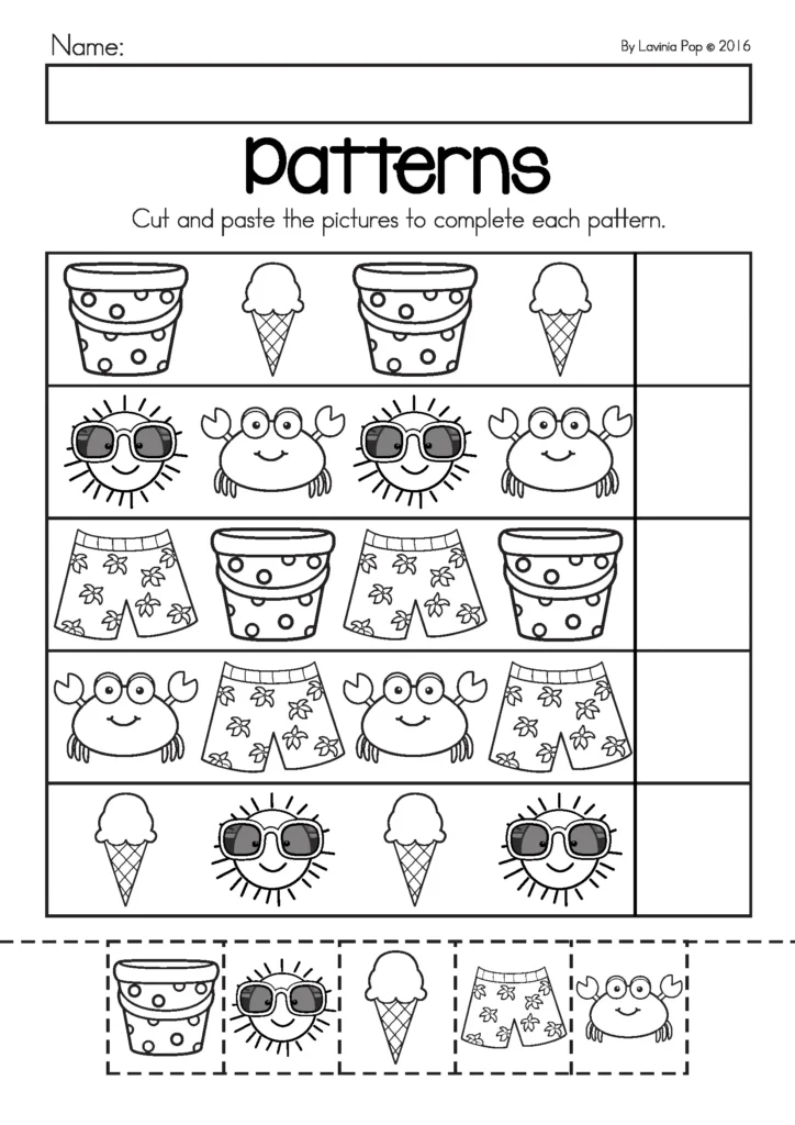 Summer Review Preschool summer patterns worksheet with buckets, ice cream, crabs, sun, and shorts cut and paste pattern practice