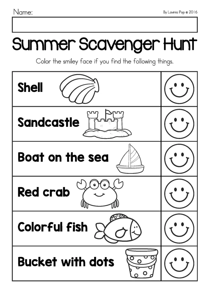 Summer Review Preschool Summer Scavenger Hunt worksheet with shell, sandcastle, boat, crab, fish, and bucket beach search activity