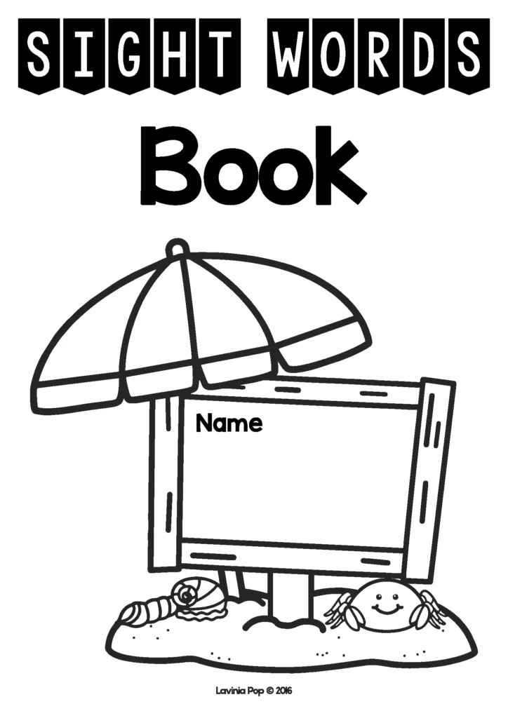 Summer Review Preschool sight words book cover with beach umbrella, crab, shells, and summer sign for preschool sight word booklet