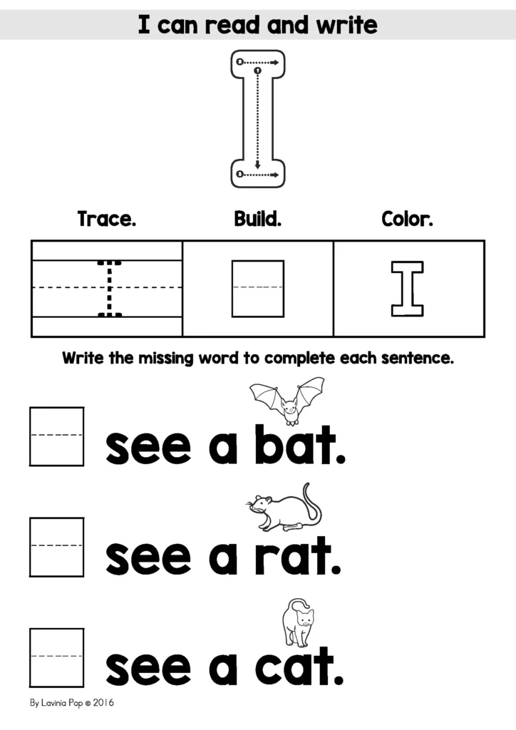 Summer Review Preschool sight word I worksheet with trace build color activities and simple sentences using the word I