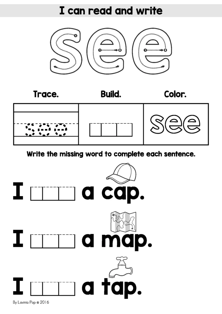 Summer Review Preschool sight word see worksheet with trace build color activities and simple sentences using the word see