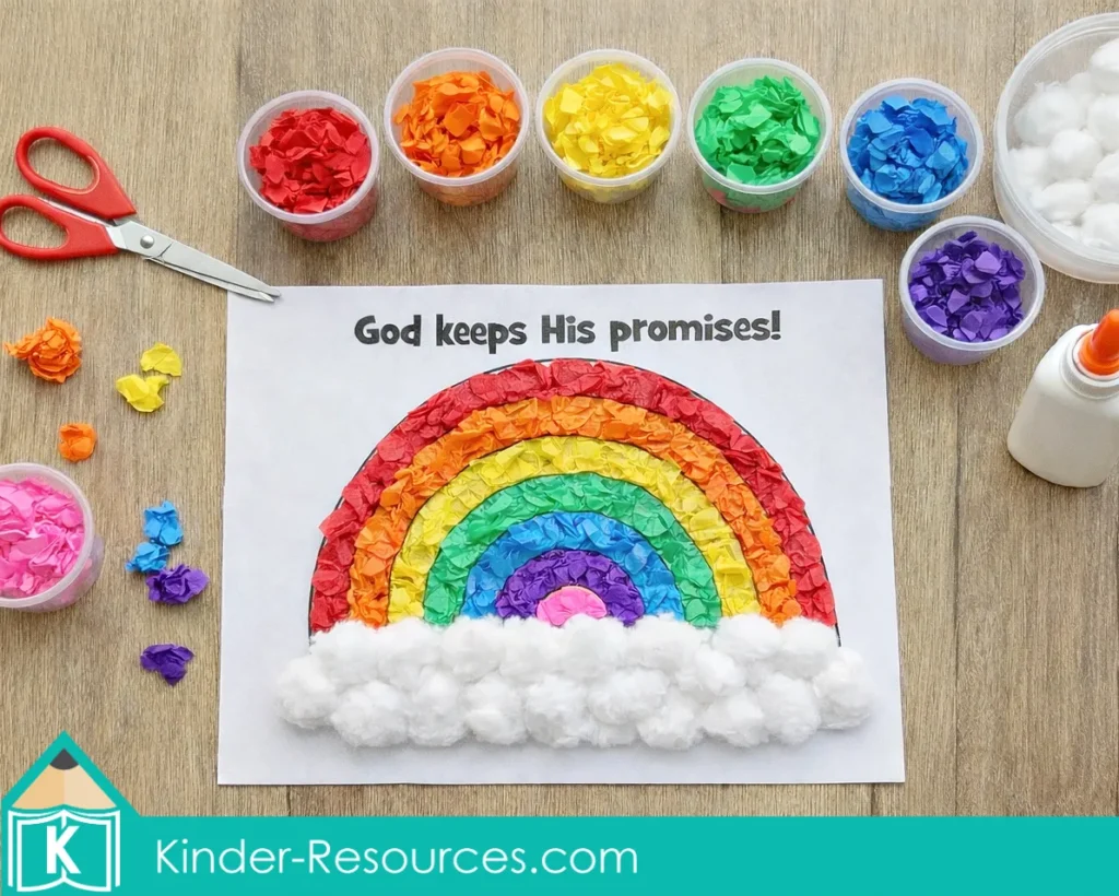 God Keeps His Promises Noah’s Ark lesson rainbow craft with colored paper squares and cotton ball clouds