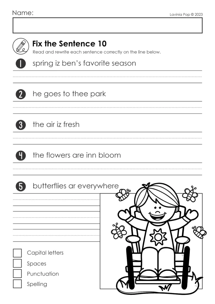 Spring fix the sentence worksheet with capitalization, punctuation, spacing, and spelling corrections for Kindergarten and First Grade