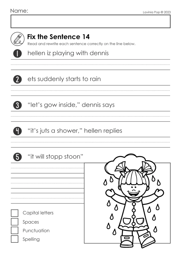 Spring sentence editing worksheet with rainy day themed fix the sentence activities for Kindergarten and First Grade