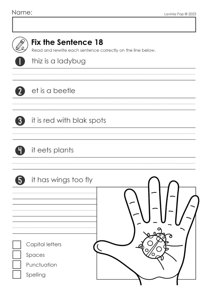 Spring sentence editing ladybug worksheet with fix the sentence practice for capitalization, punctuation, and spelling skills in K-1 classrooms
