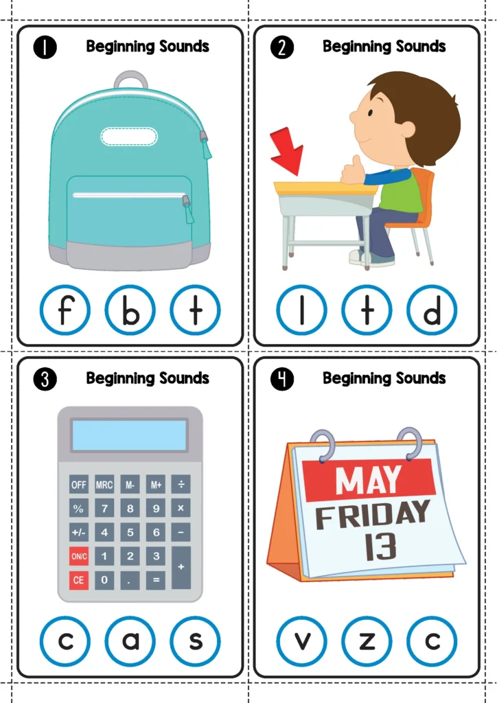 Back to School Literacy Centers for Kindergarten beginning sounds clip cards with picture and letter choices