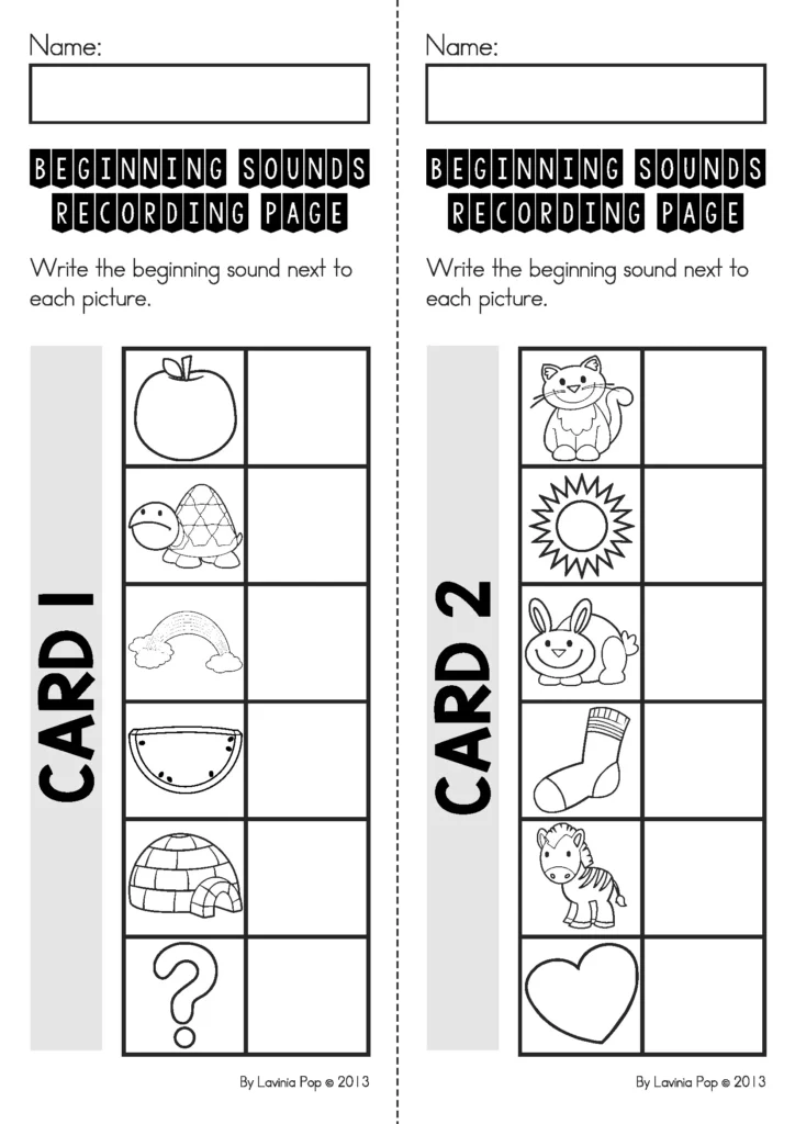 Back to School Literacy Centers for Kindergarten beginning sounds recording worksheets for alphabet sound practice