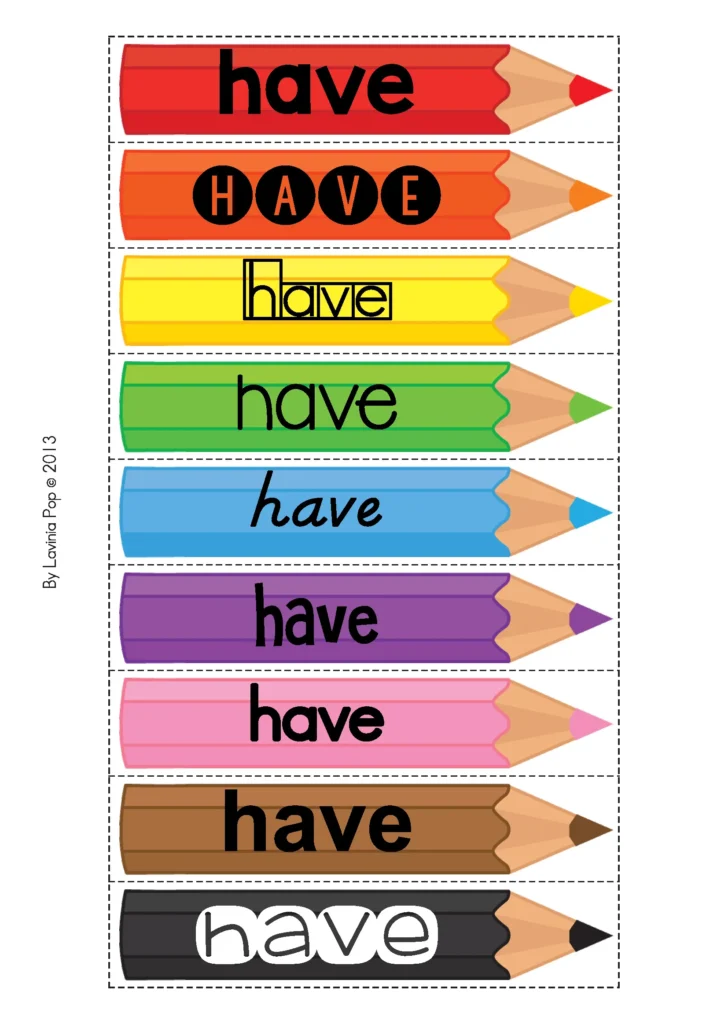 Back to School Literacy Centers for Kindergarten sight word pencil sorting activity with colorful word cards