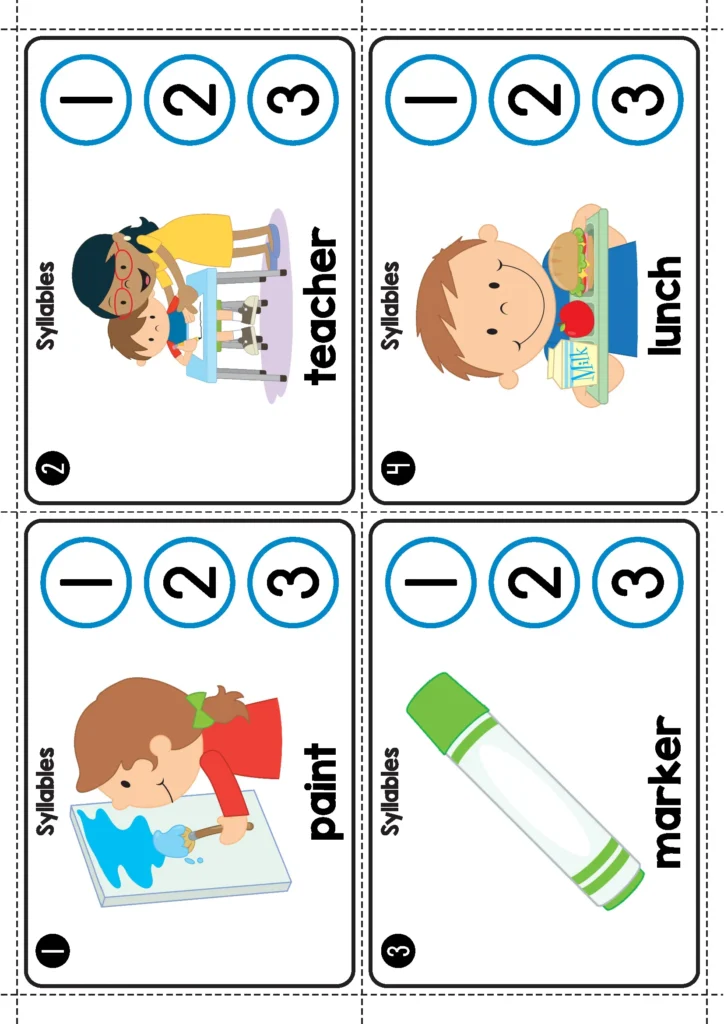 Back to School Literacy Centers for Kindergarten syllables clip cards for counting syllables in school words