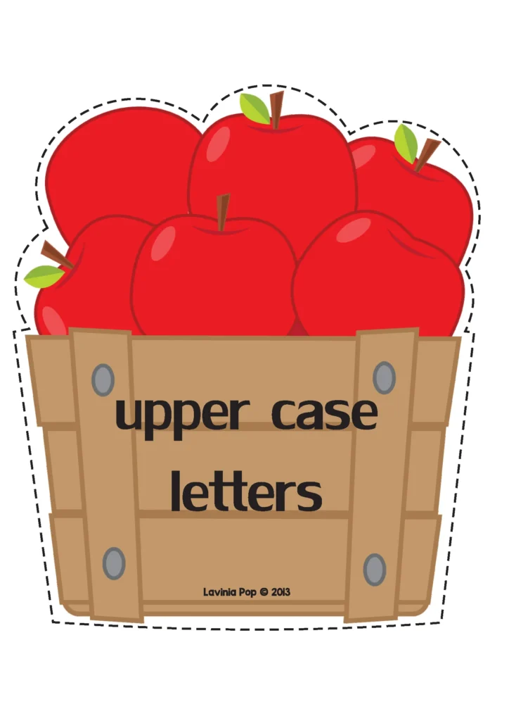 Back to School Literacy Centers for Kindergarten uppercase letter sorting basket activity with apple theme
