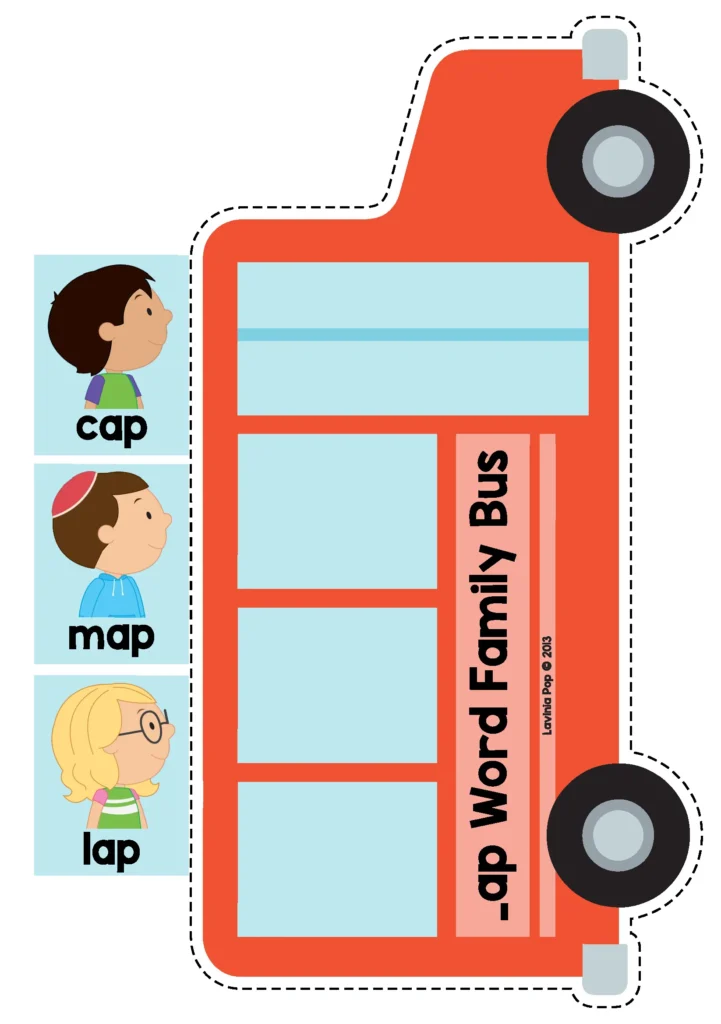 Back to School Literacy Centers for Kindergarten word family sorting school bus activity for CVC word practice