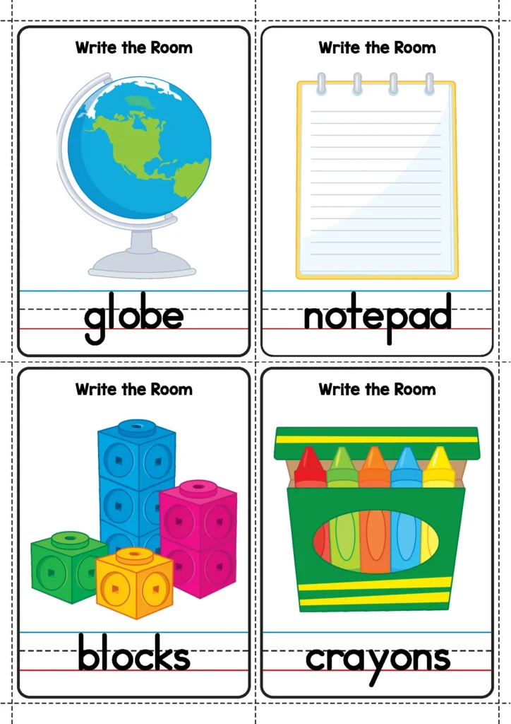 Back to School Literacy Centers for Kindergarten write the room vocabulary cards with classroom supply words