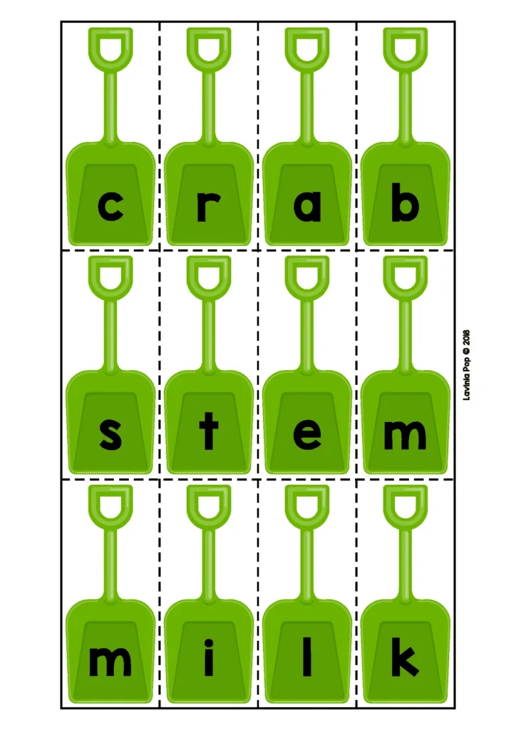 Summer literacy centers for kindergarten CCVC word building activity with shovel letter cards