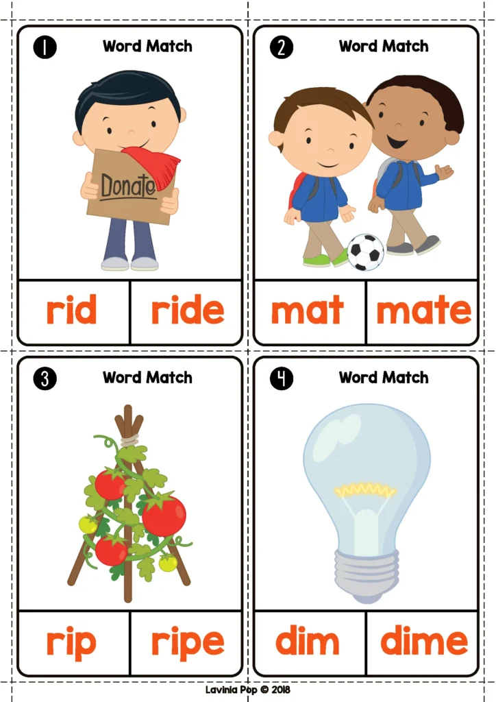 Summer literacy centers for kindergarten CVC and CVCe word matching cards with picture clues