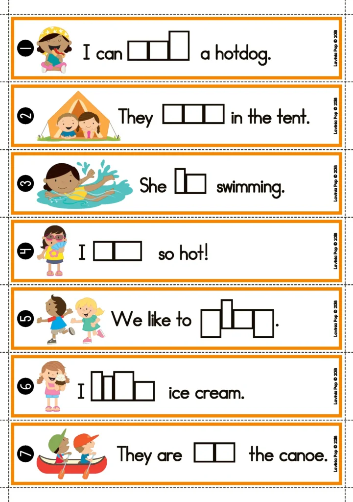 Summer literacy centers for kindergarten missing sight word sentence strips with summer themed picture prompts
