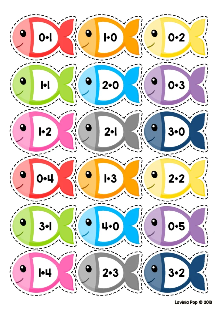 Summer Math Centers for Kindergarten fish addition match activity with printable addition fish cards for sums to 20