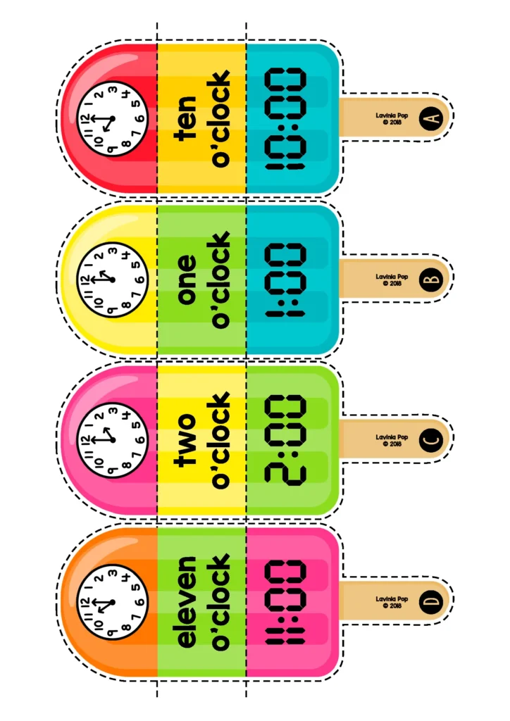 Summer Math Centers for Kindergarten popsicle time matching activity with analog clocks, digital time, and word forms