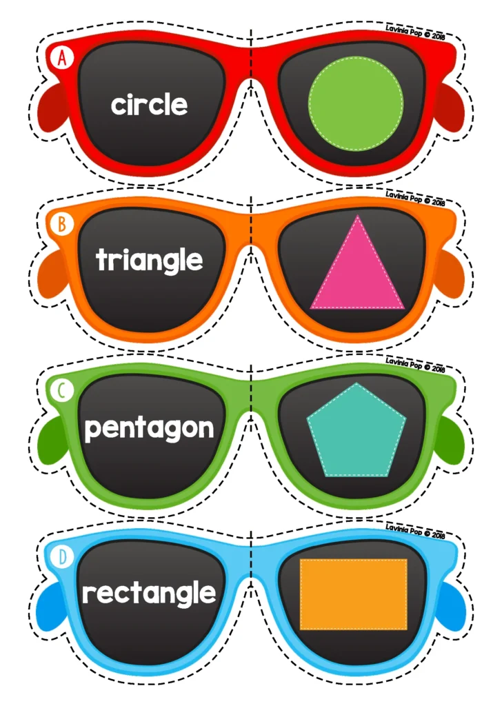 Summer Math Centers for Kindergarten shape matching activity with summer sunglasses and 2D shapes including circle, triangle, pentagon, and rectangle