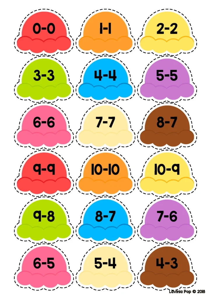 Summer Math Centers for Kindergarten subtraction fact cards with cloud shapes for subtraction practice within 10