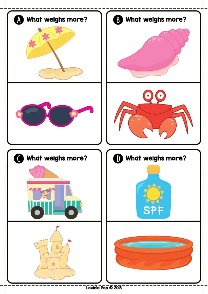 Summer Math Centers for Kindergarten weight comparison activity with summer themed picture cards for comparing heavier and lighter objects
