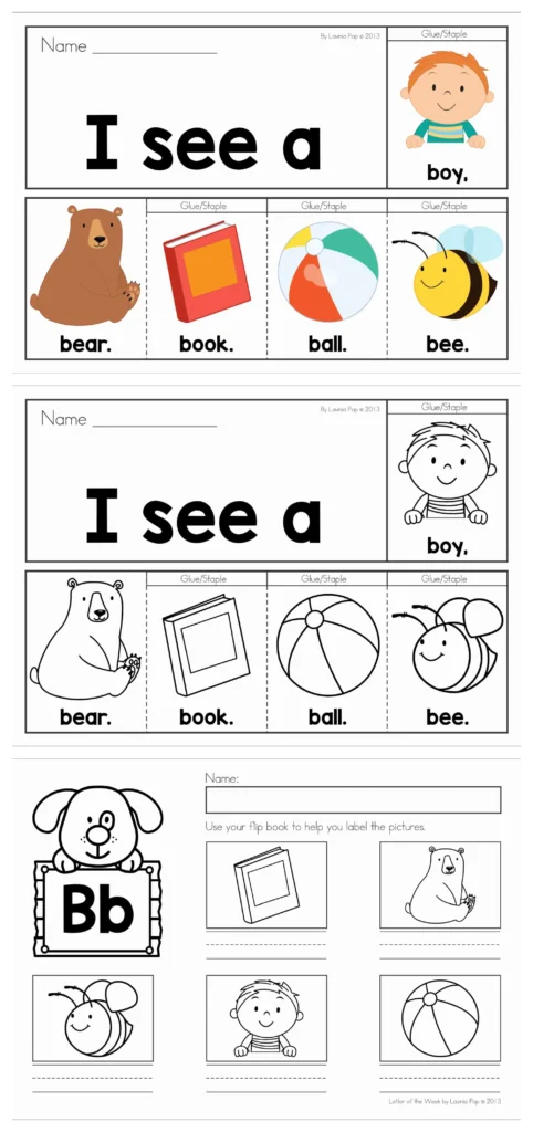 Letter B flip book printable with simple sight word sentence practice and beginning sound picture matching