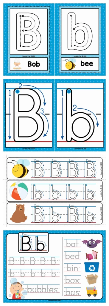 Letter B tracing cards with uppercase and lowercase letter formation, beginning sound pictures, and alphabet handwriting practice for Preschool and Kindergarten