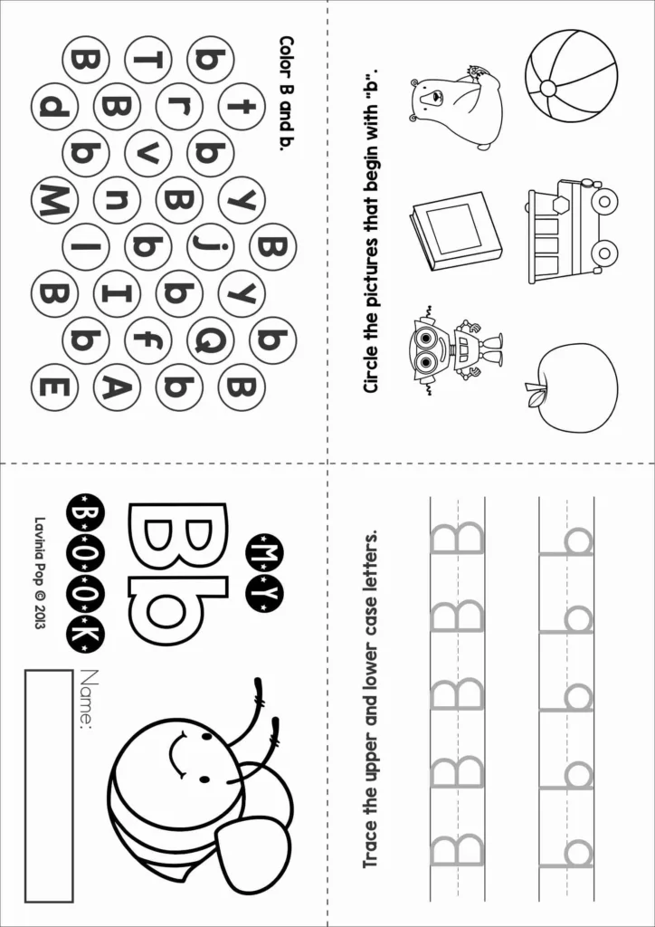 Letter B worksheets with letter tracing, beginning sounds, coloring activities, and uppercase lowercase recognition practice