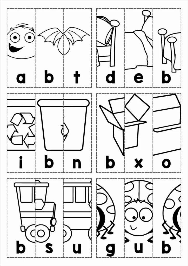 Letter B CVC word puzzles with beginning sound picture matching and cut and paste alphabet activities