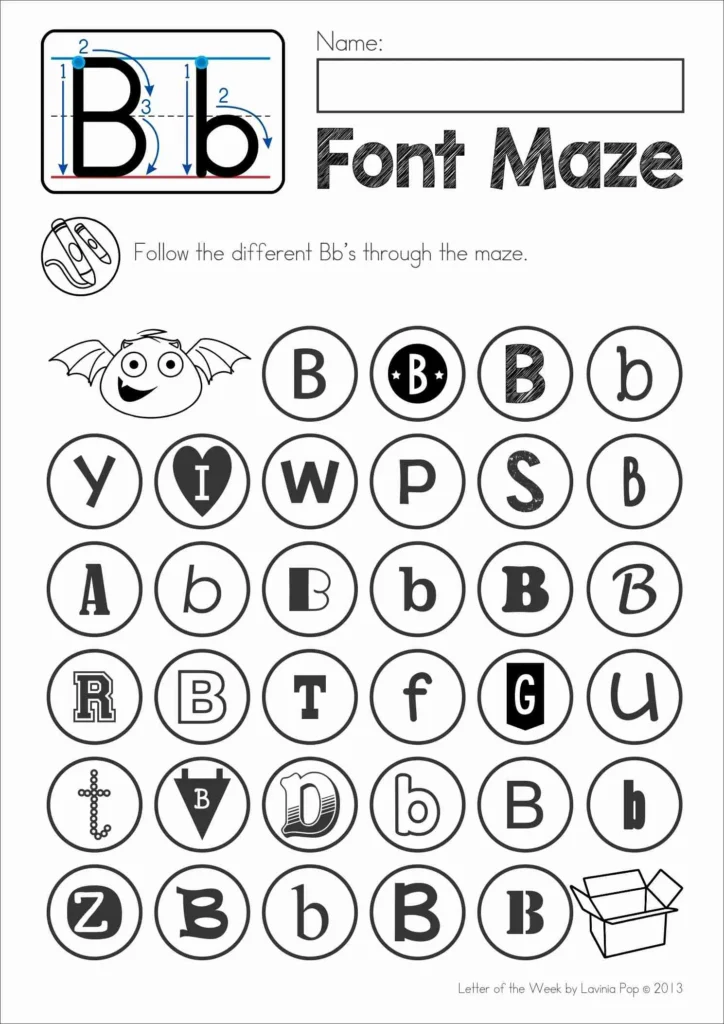 Letter B font maze worksheet with different uppercase and lowercase letter styles for alphabet recognition practice