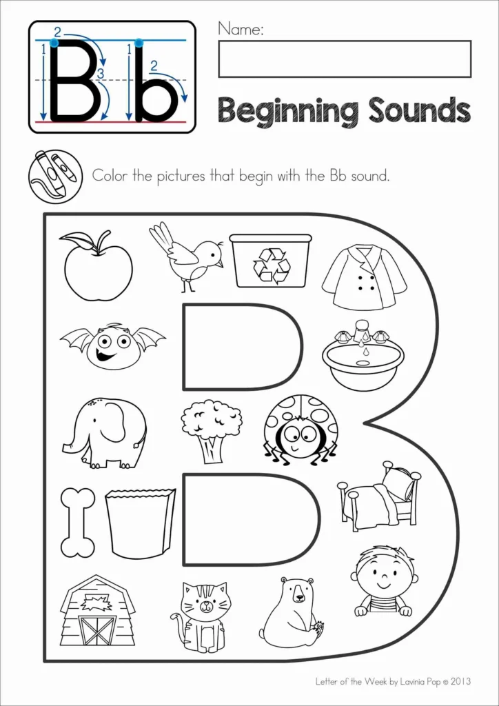 Letter B beginning sounds worksheet with pictures to color that begin with the Bb sound for Preschool and Kindergarten